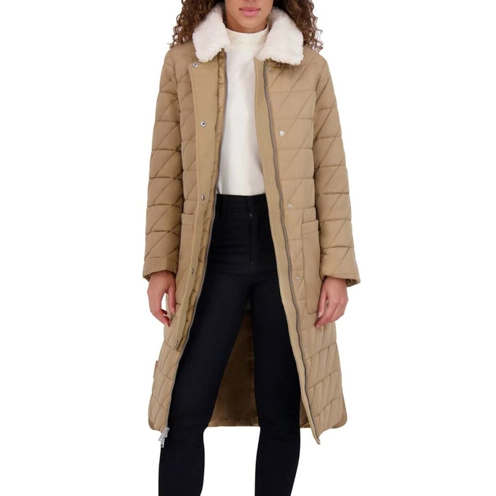 NEW Andrew Marc Women Maxine Khaki Faux Shearling Collar Long Zip Quilted Coat - Picture 2 of 3